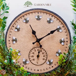 Garden Mile Große Uhren für Haus oder Garten im Vintage-Retro-Chic-Stil für drinnen und draußen, Wanduhr, dekoratives Zaunthermometer, Barometer, wetterfeste Zeitmessung (Bienen-Wanduhr und