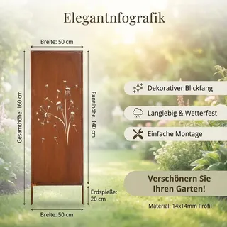 Edelrost Sichtschutz Garten Deko Dandelion 160x50 cm Decorative Abdeckung Rost - Braun