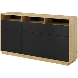 Sideboard Anrichte modern inkl. LED Beleuchtung ALBANY-83 in Taurus Eiche Nb. mit Absetzungen in schwarz matt, B/H/T: ca. 180/96/40 cm - Schwarz