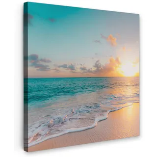 MuchoWow Leinwandbild Sonnenuntergang - Strand - Meer - Sommer - Blau Deko Groß 90x90 cm , Multicolor , Textil , Kiefer , Abstrakt , Quadratisch , 90x90 cm , FSC 100% , gerahmt , Bilder & Rahmen, Bilder, Leinwandbilder