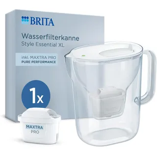 BRITA Wasserfilter Kanne MAXTRA Style Essential XL, 1x Pure Performance | Weiß, große Filterkanne, LED Filterwechselanzeige, Klappdeckel, Filterkartusche reduziert PFAS, Kalk, Metalle & mehr