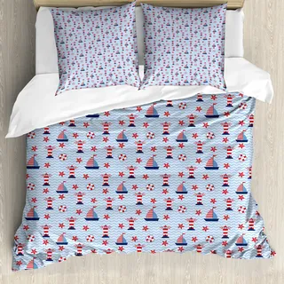 ABAKUHAUS Leuchtturm Bettbezug, Meer und Wellen, Milbensicher Allergiker geeignet mit Kissenbezügen, 200 cm x 200 cm - 80 x 80 cm, Blassblau, Rot, Weiß