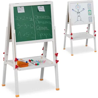 Relaxdays Lavagna per Bambini Kinderstandtafel, höhenverstellbar, magnetisch, Whiteboard & Kreidetafel, HBT: 81-104 x 45 x 42 cm, Holz, weiß