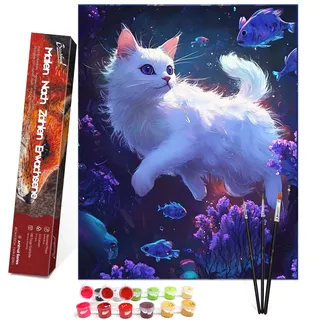 Bougimal Malen Nach Zahlen Erwachsene Tier Ohen Rahmen inklusive Pinsel und Acrylfarben - 40 x 50 cm, Weiße Katze 1
