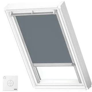 VELUX Solar Verdunkelungsrollo, graue Schienen, F06, Blaugrau | Solarbetrieb, Fernbedienung, stufenlose Anpassung
