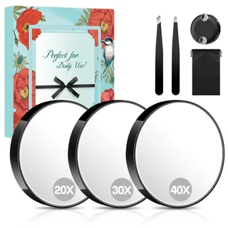 MIYADIVA Vergrößerungsspiegel Set, 20X&30X&40X Schminkspiegel mit Saugnapf, 9cm Kleiner Spiegel, mit 2 Pinzetten und Aufbewahrungstasche. Geeignet für Reise, Bad, Zuhause, Geschenk für Frauen
