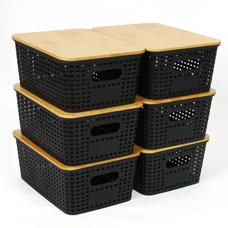 UHAPEER Aufbewahrungsbox mit Bambus Deckel, 6 Stücke Aufbewahrungskorb, Kunststoff Korb Aufbewahrung, Kitchen Organizer Schwarz, Stapelbare Aufbewahrungsboxen, Kiste mit Deckel 25.6 x 18 x 10.7 cm