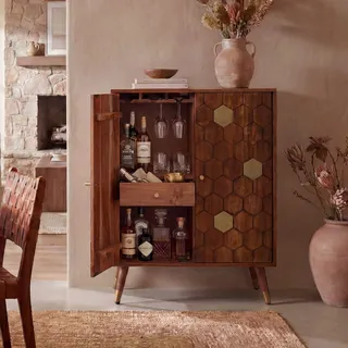 FineBuy Barschrank Akazie Massivholz 75x96cm Bar Möbel mit Waben Muster Hausbar mit Türen Weinschrank Glashalter Getränkeschrank Holz Bar Handmade
