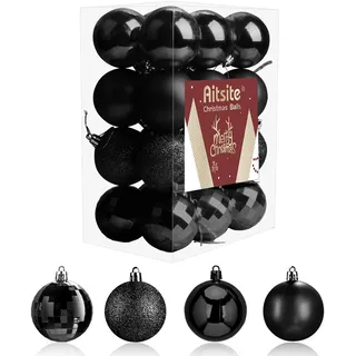Aitsite 24 Stück Weihnachtskugeln Schwarz, 6CM Christbaumkugeln Kunststoff Bruchsicher Weihnachtsbaumkugeln Christbaumschmuck Christbaumkugeln für Weihnachtsbaum Neujahr Festival Ornamente