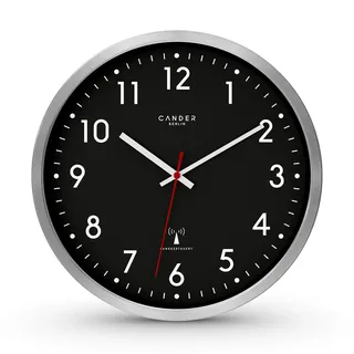 Cander Berlin MNU 3030 S Wanduhr Funk lautlos 30,5 cm analog Aluminium geräuschlos schwarz Funkuhr ohne Ticken