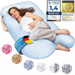 Smoothy Schwangerschaftskissen, Seitenschläferkissen, Lagerungskissen, Baby-Kissen & Stillkissen in U-Form mit abnehmbarem & waschbarem Bezug aus 100% Baumwolle (Junior XL, 120 x 70 cm, Hellblau)