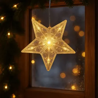 Ideen mit Herz LED-Sterne mit Linsenreflexion | Indoor | 14,6 cm x 14 cm | je 10 LEDs in Warmweiß | transparent | klar | 2 Stück | mit Timer-Funktion | Fenster-Deko zu Weihnachten