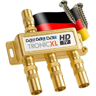 TronicXL 3-fach Koaxverteiler Antennenverteiler SAT Verteiler GOLD Koax Buchse F-Stecker mit DC-Durchlass TV Kabelfernsehen Splitter für PYUR Vodafone HD 3D 4K weiche Koaxial Unicable