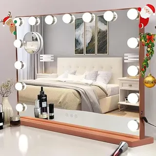 Depuley Hollywood Schminkspiegel mit Beleuchtung, Spiegel mit Licht 15 immbare LED Leuchten, USB, 3 Farbtemperatur Licht, Touch-Steuerung, Roségold Kosmetikspiegel für Schminktisch Salon, 58x45cm