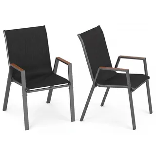 KOMFOTTEU Gartenstühle 2er Set, Stapelstühle aus Stoff mit Rückenlehne & Armlehnen, Balkonstühle mit Metallrahmen bis 180 kg belastbar, Outdoor Terrassenstühle für Garten, Balkon & Terrasse - Schwarz