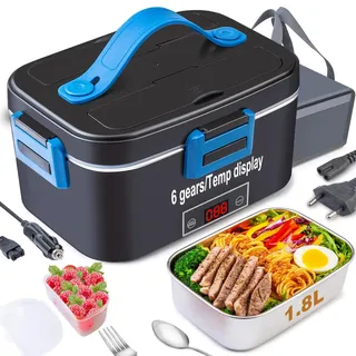 Kimfead Elektrische Lunchbox mit Anzeige Temperatur Lunch Box Elektrisch 80W Electric Lunch Box 1.8L 12V/24V/230V mit Grau Tasche/Besteck, für Auto/Lkw/Büro(Temp-Anzeige Blau)
