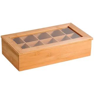 KESPER Teebox mit 10 Fächern und Sichtfenster, Material: Bambus, Maße: B: 36 x T: 20 x H: 9 cm, Farbe: Braun | 58901 13