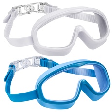 RABIGALA Schwimmbrille 2 Stück für Kinder/Jungen/Mädchen Antibeschlag 180°Weitwinkel UV-Schutz Ein Spiegeldesign Auslaufsicher Einfache Anpassung Mit Aufbewahrungsbox (1*White+1*Blue-Box)