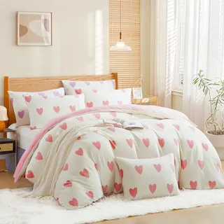 Nayoroom Winter Bettwäsche 200x200 Weiß mit Rosa Herzen Fleece Biber Bettwäsche-Sets 3 Teilig Weiß Cashmere Touch Warm Plüsch Bettbezug Flauschige Flanell Pink Wendebettwäsche und 2 Kissenbezüge 80x80