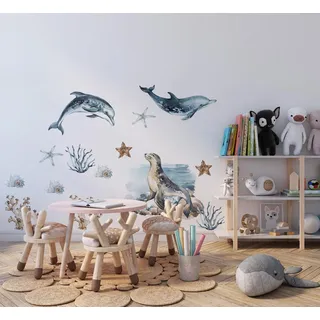 Wandtattoo Meerestiere für Kinderzimmer, Abnehmbare Wandsticker Delfin und Robbe, Unterwasserwelt Deko, Korallenriff Wandbilder, Maritime Wandaufkleber für Jungen