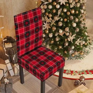 DOTBUY-SHOP Stuhlhussen Weihnachten Klassisches Rot 2/4/6/8er Set Stretch Stuhlbezug Stuhlhussen für Esszimmerstühle Waschbarer Hussen für Stühle für Stuhldekoration Restaurant (Kariert,8er Set)