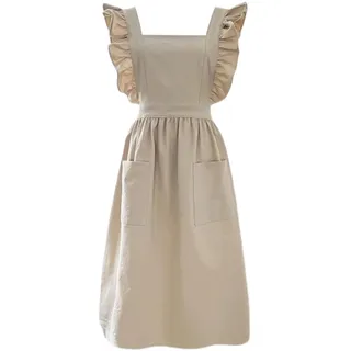 CBBEONRN Schürzen Damen Weich Baumwolle Küche Kochen Schürze Mit Taschen Japanischer Stil Kreuz Zurück Koch Schürze Für Gartenarbeit Blumenladen Beige,One Size