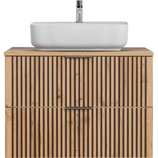 Waschtisch Badezimmer Unterschrank 80 cm mit Keramik Aufsatzwaschbecken XANTEN-56 in anthrazit mit Eiche Nb. schwarz gerillt, B/H/T: ca. 80,6/73,2/46,5 cm - Braun