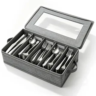 Besteckkasten mit Deckel, Besteck Aufbewahrungsbox für Bestecke, Besteckbox mit 5 Verstellbaren Fächern, Besteck Aufbewahrung für Messer, Löffel, Küche, Restaurant, Campin, Gabel(43*26*10cm)
