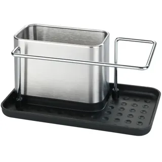 Wenko Spülorganizer Orio, hochwertiger Spülbecken-Organizer aus rostfreiem Edelstahl, Spülbecken-Caddy mit viel Stauraum für Spülmittel, Spültuch, Schwamm, 21 x 10,5 x 12 cm, Silber matt