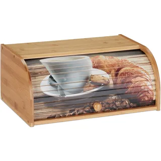 Relaxdays Brotkasten Bambus, Rolldeckel mit Motiv, aromadichte Brotaufbewahrung, mit Ablagefläche, HBT 17x40x27cm, natur