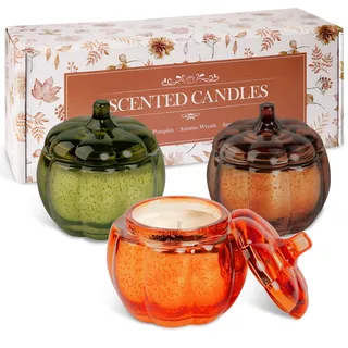 Lanpn Herbst Duftkerzen im Glas Set, 3 St Aromatherapie Kerzen Soja Wachs Duftkerze Geschenk für Party Geburtstag, Orange Kürbis Kerze Zimmer Hause Dekor, Fall Scented Candle, Je 156g, 20 Stunden