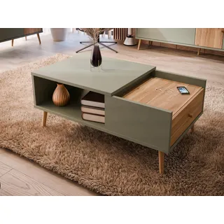 Forte EasyKlix HARLLSON Couchtisch mit 1 Schublade, Salbei und Holz Dekor: Mauvella Eiche, hoche Holzfüße, skandinavisch, Retro, Vintage Stil, 106 cm breit x 45 cm hoch x 60 cm tief