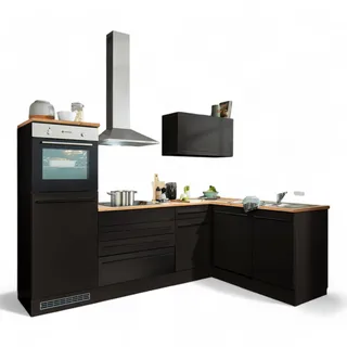 Stella Trading Jazz 6 Moderne Eckküche mit Elektrogeräten in Schwarz matt, Lanzelot Eiche Optik - Geräumige Küchenzeile in L-Form mit viel Stauraum - 260 x 200 x 60 cm (B/H/T)