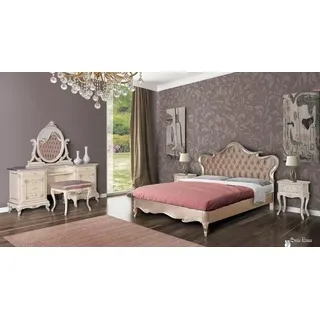 JV Möbel Luxus Schlafzimmer Set Bett Nachttische Hocker Schminktisch Spiegel - Beige