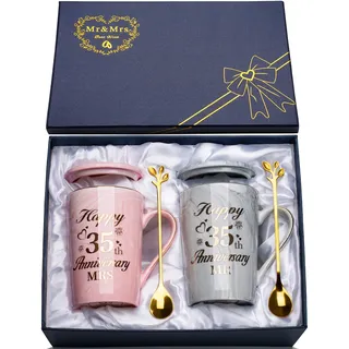 Geschenke zum 35 Hochzeitstag, 2PCS Mr Mrs Keramik Marmor Tasse Set 14 Oz, 35 Hochzeitstag Geschenke Kaffeetassen für Paare, 35-Jahr Beziehung Geschenk mit Karte, Löffel, Becherdeckel, Geschenkbox