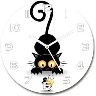 Wanduhr aus Glas 30fi Glasbild Glasuhr Gehärtetes Glas - weisse-zeiger - Cat and mouse - Schwarz