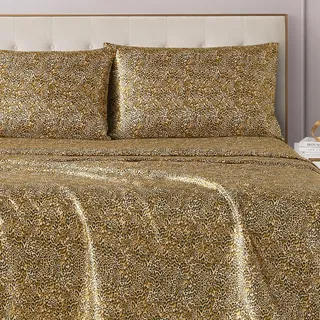 Juicy Couture Satin-Bettwäsche-Set für Doppelbetten mit tiefen Taschen, 1 Spannbetttuch, 1 Bettlaken und 1 Kissenbezug, knitterarm und fusselfrei, Monica Leopard