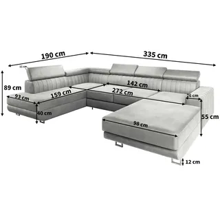 masseno Wohnlandschaft mit Schlaffunktion U-Form, Sofa mit Bettkasten, Wohnzimmersofa, Couch, Soffa, Bettsofa, Couchgarnitur- Hellgrau, Monolith 84
