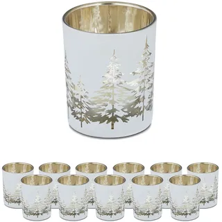 Relaxdays Teelichthalter Tannenbaum 12er Set Glas Weiß/Gold