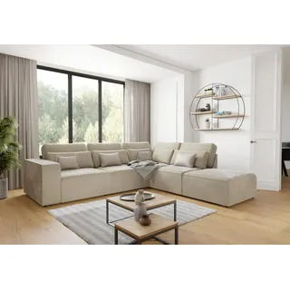 s-style möbel - Margarete - Modulare Ecksofa in Beige Samt-Stoff mit Rücken und Lendenkissen, B/T/H: 305 cm / 281 cm / 90 cm, Ottomane rechts - Beige
