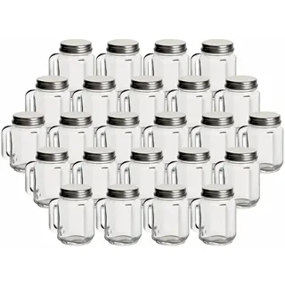 gouveo 24er Set Mini Trinkgläser 30 ml mit Drehverschluss silberfarben - Trinkglas mit Henkel und Schraubdeckel - Mini Henkelgläser mit Deckel für Geburtstag, Party, Hochzeit (TGH030S)