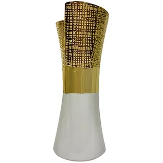 Tischvase aus Keramik, Gold und Weiß, glänzend, 10 x 10 x 26 cm