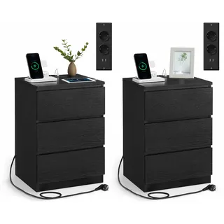 VASAGLE Kailyn Kollektion - Nachttisch mit Steckdosenleiste, 2er Set, Beistelltisch, 3 Schubladen, 2 AC-Steckdosen, 2 USB-A-Anschlüsse, modern, ebenholzschwarz LET831B56