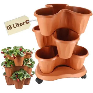 Pflanzturm Erdbeerturm 3er Set Säulentopf Stapelbar Kräuterspirale 3 Stöckiger Blumentopf Vertikaler Garten Kräutergarten Hochbeet Pflanzkübel mit Rollen Terracotta