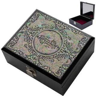 February Mountain Perlmutt Schmuckbox aus Holz mit Scharnierdeckel – handgefertigte schwarze Aufbewahrungsbox für Schmuck & Erinnerungsstücke – Heimdekoration (Crane)
