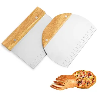 Zosenyer 2PCS Teigschaber Edelstahl, Teigkarte Set mit Rutschfestem Holzgriff, Pizzamesser Wiegemesser Ideal für das Schneiden von Teig, Brot, Kuchen, Gemüse,Pizza