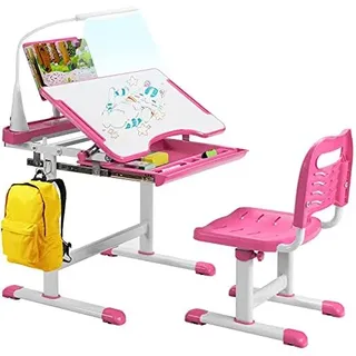 Kindertisch und Stuhl mit Bücherständer & LED-Licht, höhenverstellbarer Kinderschreibtisch Set mit gekippter Tischplatte & Schublade, Kinder Schreibtisch für Jungs & Mädchen (Rosa)