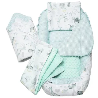 Medi Partners Babynest Nestchen Baby Set für Neugeborene - 100x60x15 Kuschelnest 5 teilig tragbar Nest zweiseitig Babynestchen Bett 100% Baumwolle (Ozean mit Minze Minky)