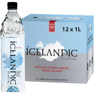 Icelandic Glacial Premium Natürliches Wasser 1 Liter Flaschen aus recyceltem PET x 12 pro Pack – Alkalisch/Niedriger pH-Wert, BPA-frei, Klimaneutral aus der isländischen Quelle. Geringer TDS-Gehalt.