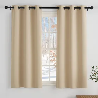 PONY DANCE Scheibengardinen Wohnzimmer Ösenschal 2er Set Verdunkelungsvorhang Kurz Fenstervorhänge für Küche Blickdichte Gardinen mit Ösen, H 114 x B 106 cm, Biscotti Beige